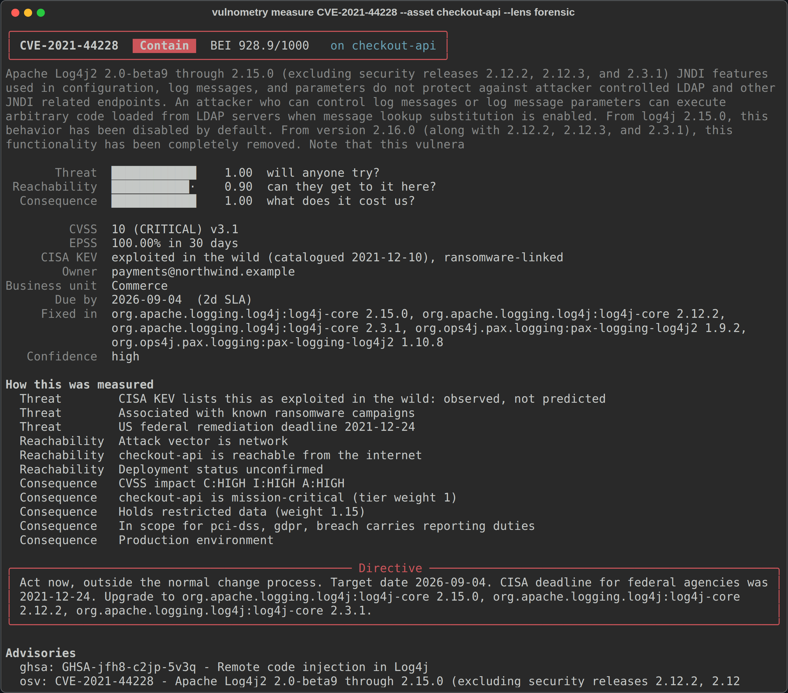 Detailed vulnometry measure output showing factor bars, CVSS, EPSS, KEV status, fixed versions, a How this was measured breakdown, and a directive