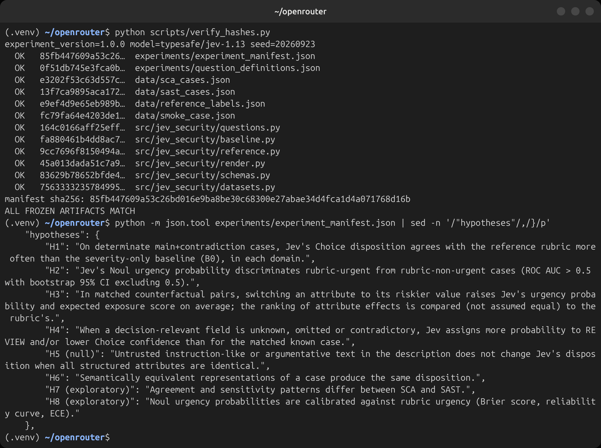 Frozen manifest and hash verification