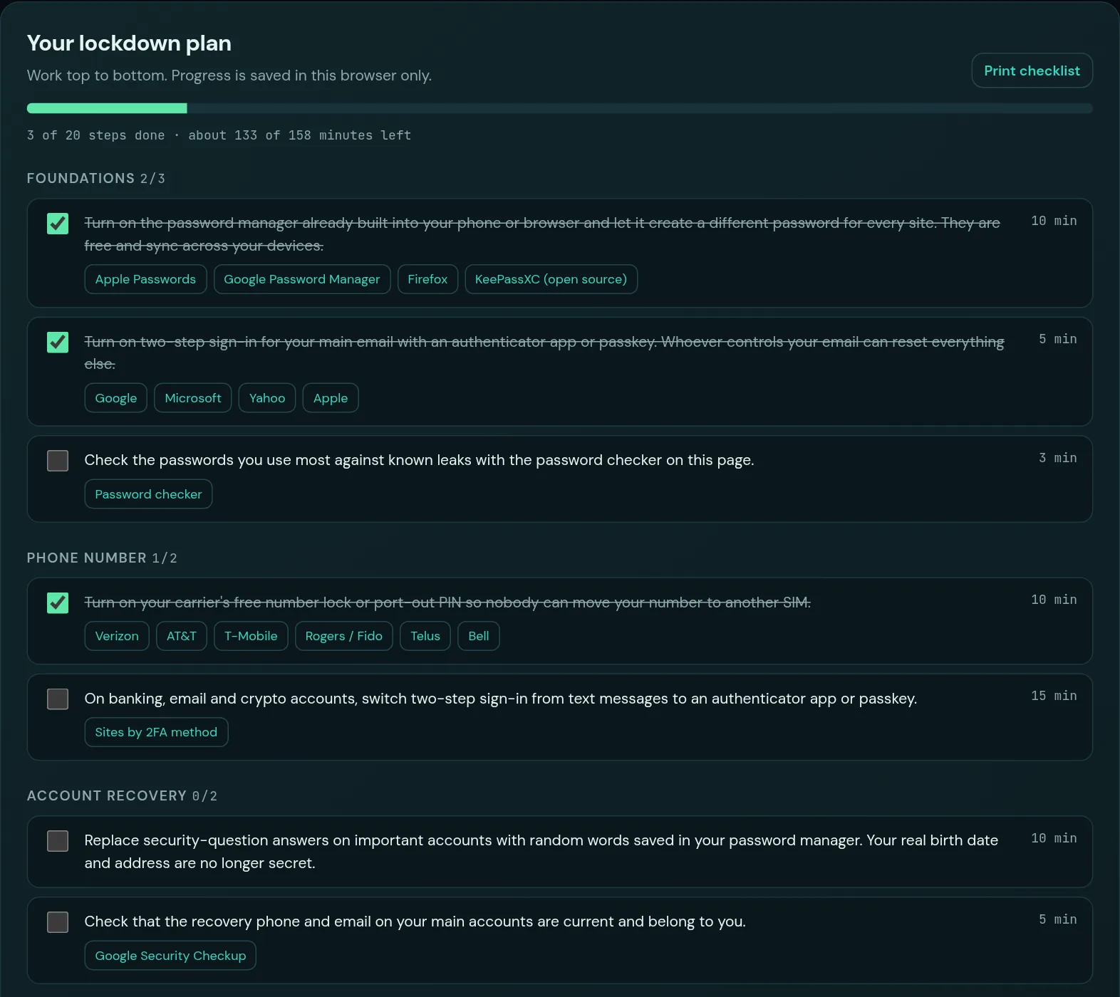 Lockdown plan checklist with progress bar, time estimates and direct links to carriers and password managers