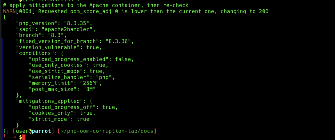 Mitigated condition report: upload_progress off, cookies-only, strict mode